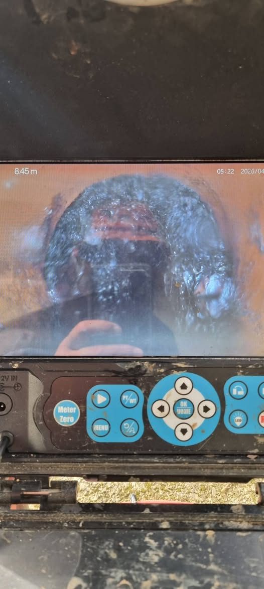 CCTV drain camera screen showing a blockage 8.45m inside a drain in the Wellington region